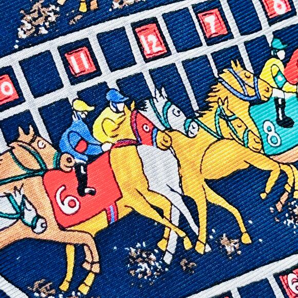 Vintage 80s Alynn Navy Blue Horse Racing Novelty Silk Necktie - Picture 2 of 7